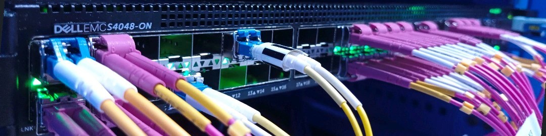 Fiber cables connected to a Dell EMC data center switch